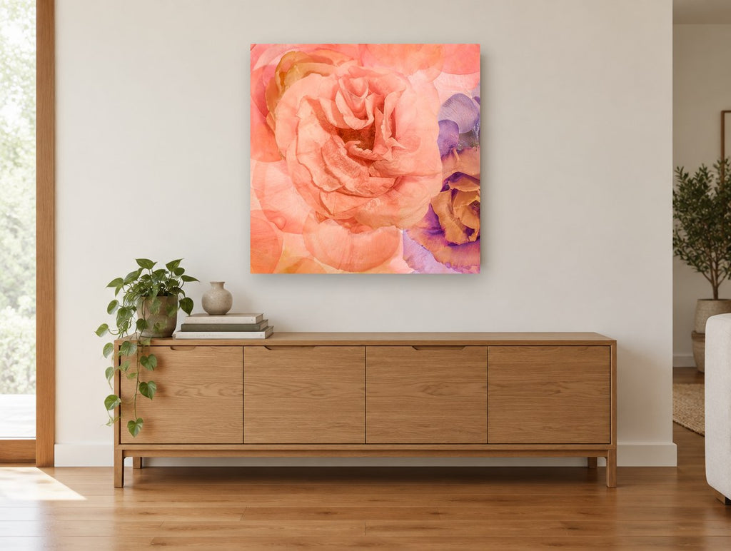 Apricot Rose Reverie floral canvas print on the wall of a living room above a sideboard
