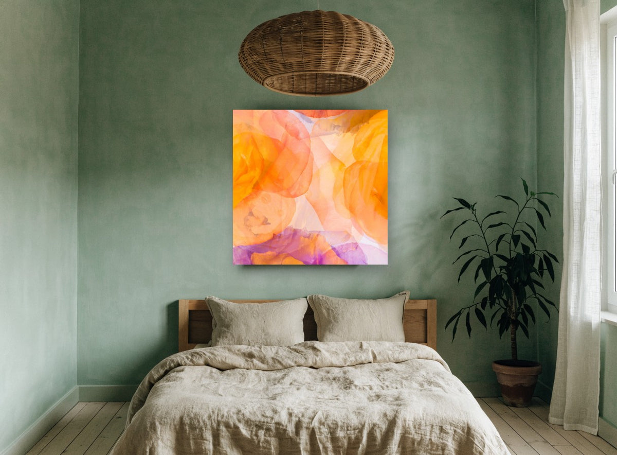 Sunset Petal Layers floral canvas print on the wall of a bedroom