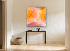 Sunset Petal Layers floral canvas print on the wall of a hallway