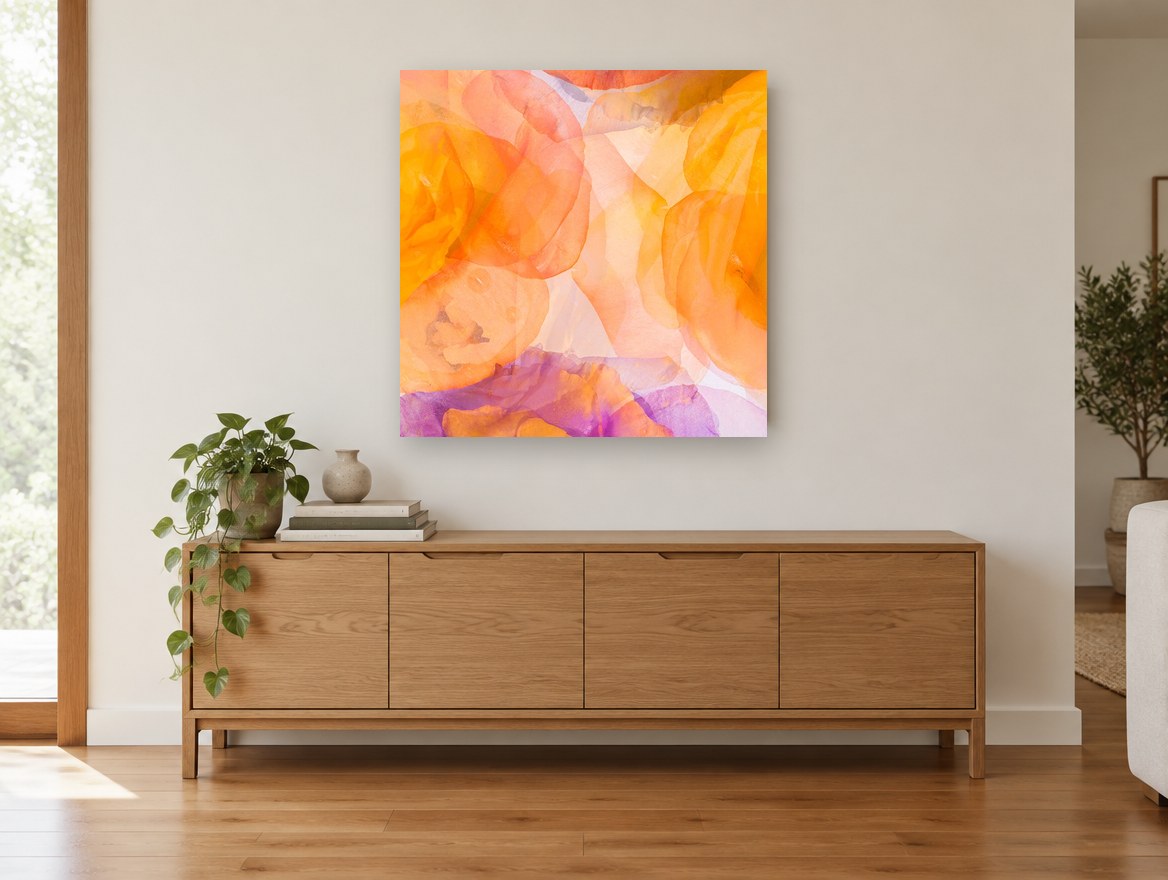 Sunset Petal Layers floral canvas print on the wall of a living room above a sideboard