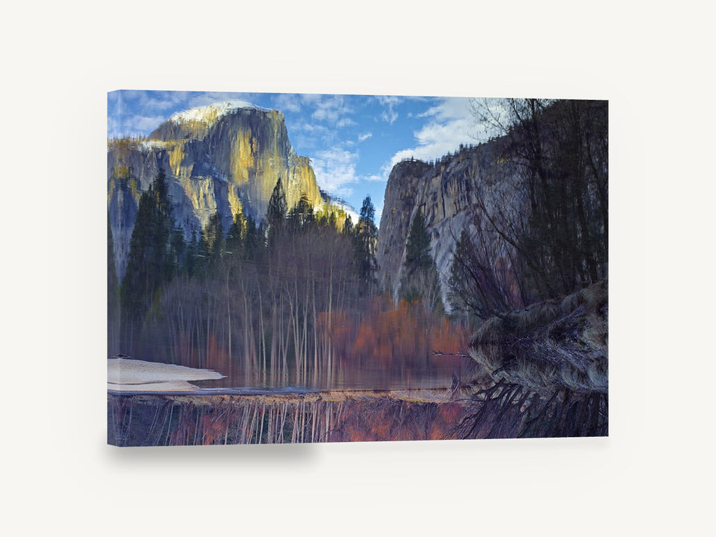 Granite Cliffs Reflected, mountain cliffs river reflection photograph, landscape canvas wall art print ready to hang
