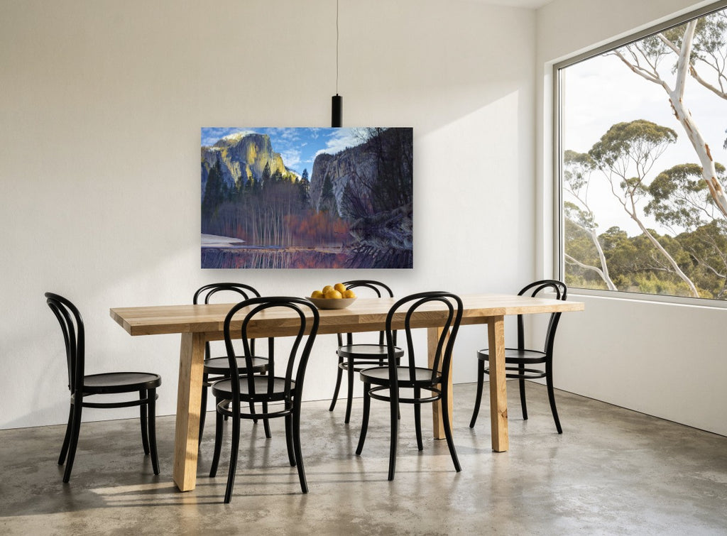 Granite Cliffs Reflected landscape canvas print on the wall of a dining room