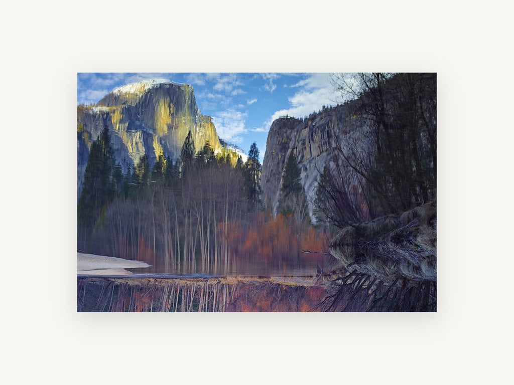 Granite Cliffs Reflected, mountain cliffs river reflection photograph, landscape canvas wall art print, front view