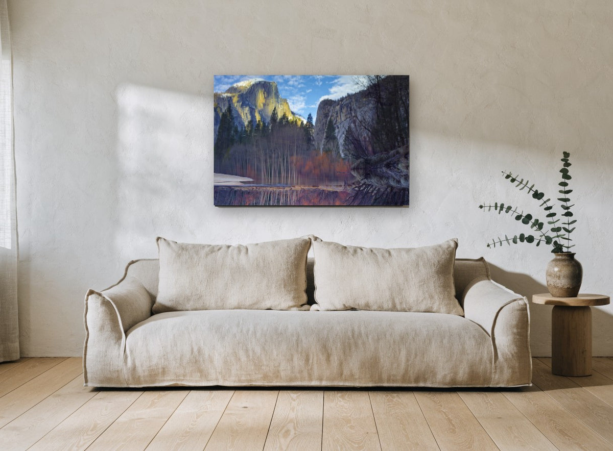 Granite Cliffs Reflected landscape canvas print on the wall of a living room