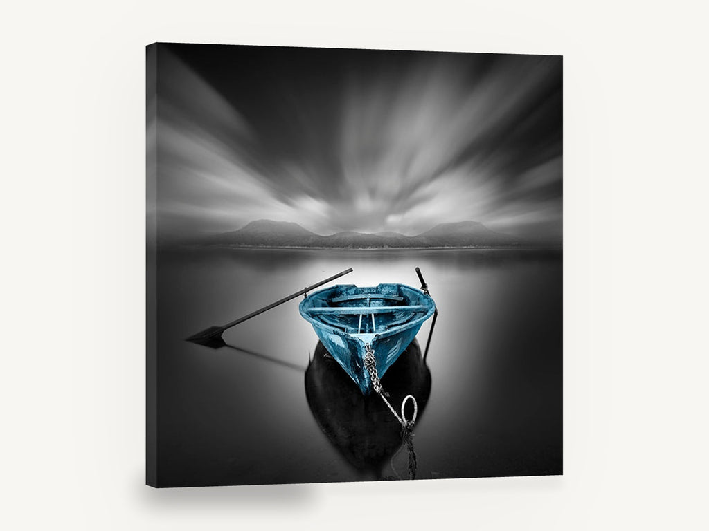 Blue Boat Still Water, blue rowboat black and white seascape, coastal canvas wall art print ready to hang