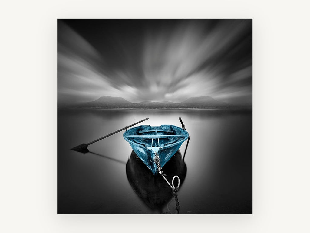 Blue Boat Still Water, coastal canvas wall art print, front view