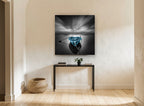 Blue Boat Still Water coastal canvas print on the wall of a hallway