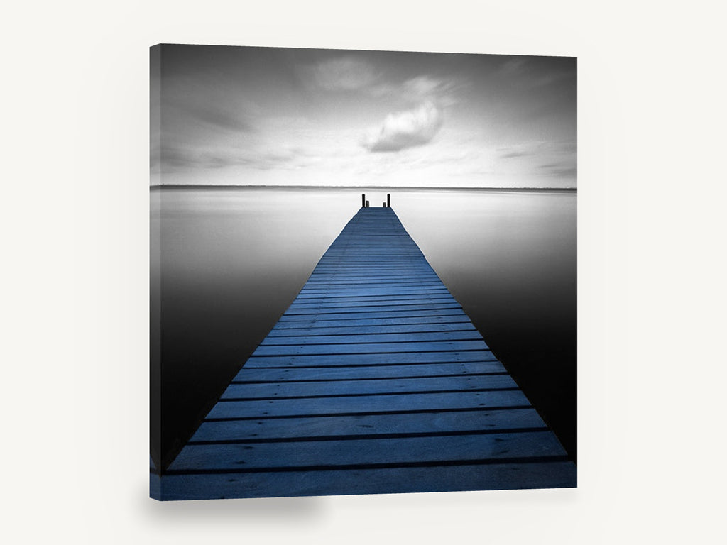 Blue Jetty Stillness, blue jetty black and white photograph, coastal canvas wall art print ready to hang