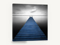 Blue Jetty Stillness, blue jetty black and white photograph, coastal canvas wall art print ready to hang