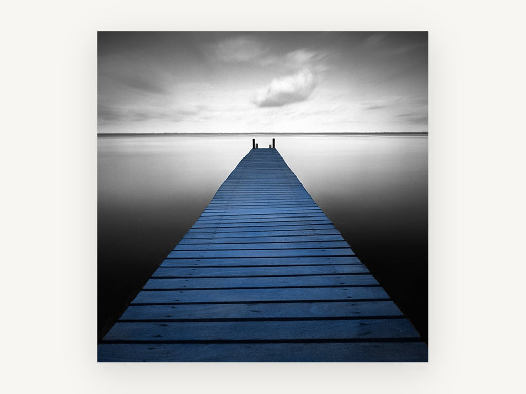 Blue Jetty Stillness, coastal canvas wall art print, front view