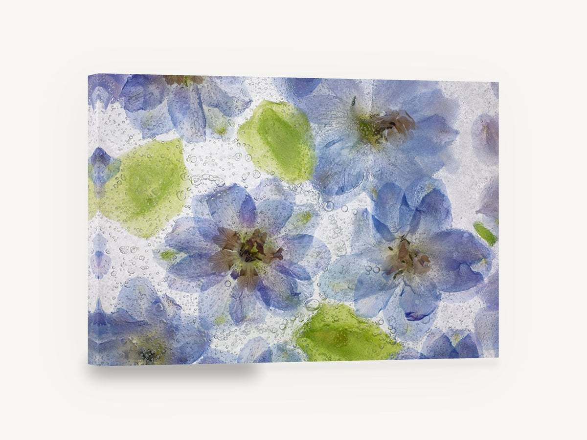 Delphiniums in Ice, blue delphinium flowers frozen in ice, floral canvas wall art print ready to hang