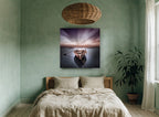 Moored Rowboat at Dusk coastal canvas print on the wall of a bedroom