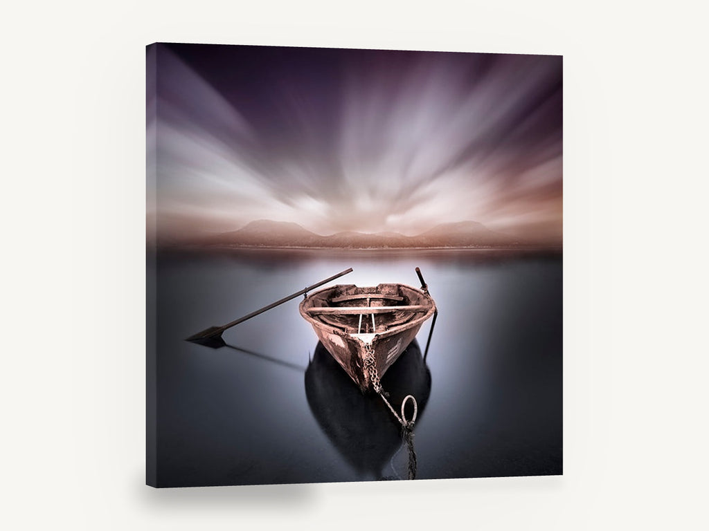 Moored Rowboat at Dusk, moored rowboat long exposure photograph, coastal canvas wall art print ready to hang