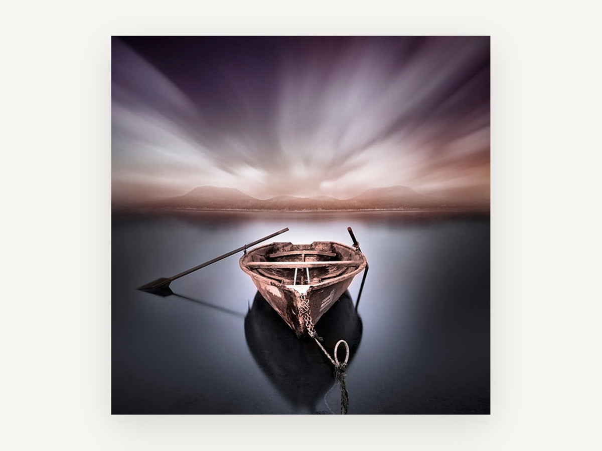 Moored Rowboat at Dusk, coastal canvas wall art print, front view