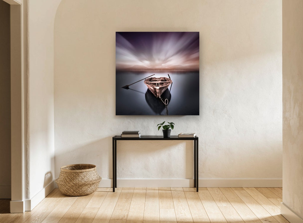 Moored Rowboat at Dusk coastal canvas print on the wall of a hallway