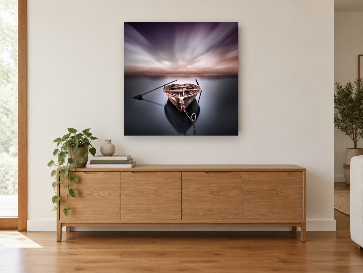 Moored Rowboat at Dusk coastal canvas print on the wall of a living room above a sideboard