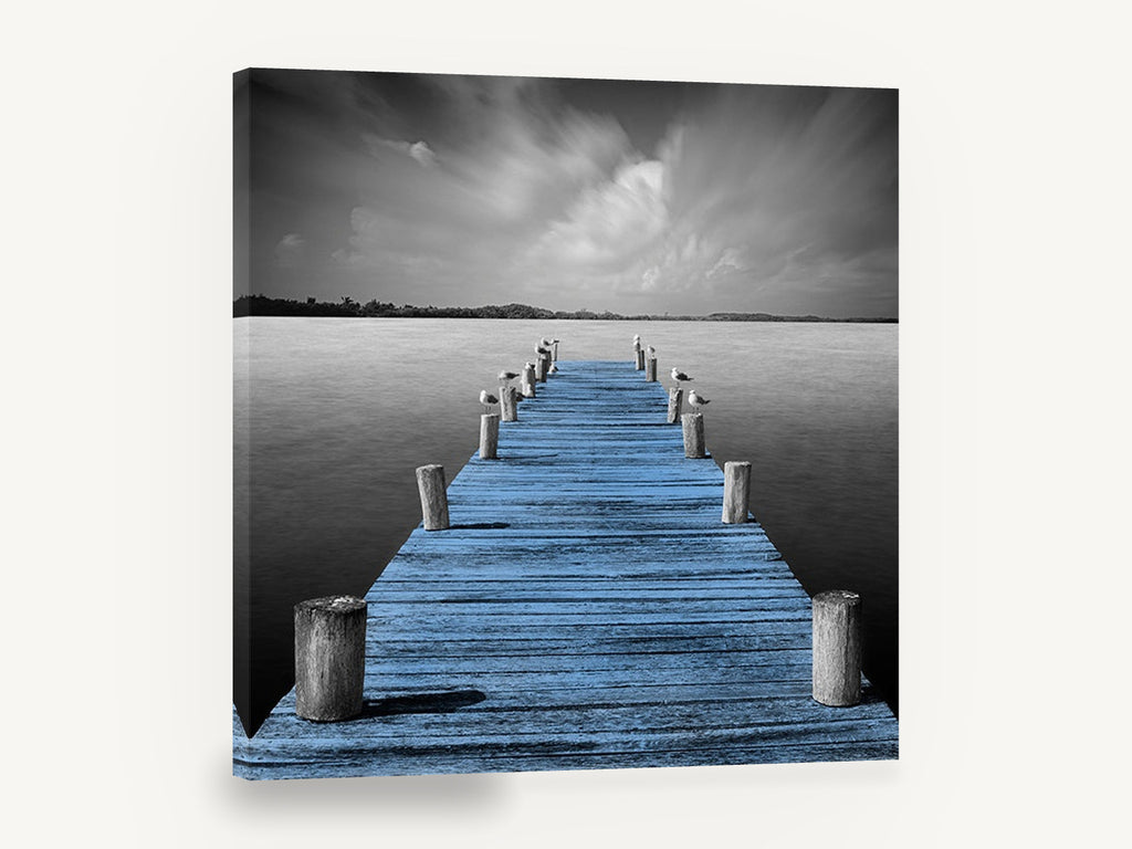 Blue Jetty Stillness, blue jetty black and white photograph, coastal canvas wall art print ready to hang