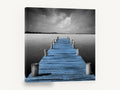 Blue Jetty Stillness, blue jetty black and white photograph, coastal canvas wall art print ready to hang