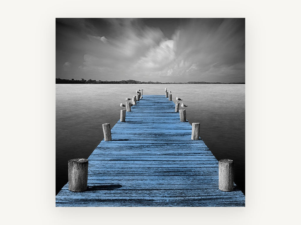 Blue Jetty Stillness, coastal canvas wall art print, front view