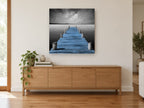 Blue Jetty Stillness coastal canvas print on the wall of a living room above a sideboard