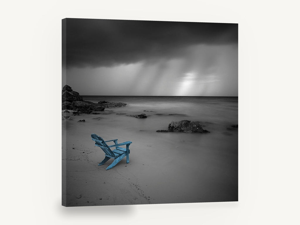 Blue Chair Storm Beach, blue beach chair stormy black and white, coastal canvas wall art print ready to hang