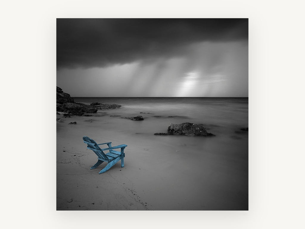 Blue Chair Storm Beach, coastal canvas wall art print, front view