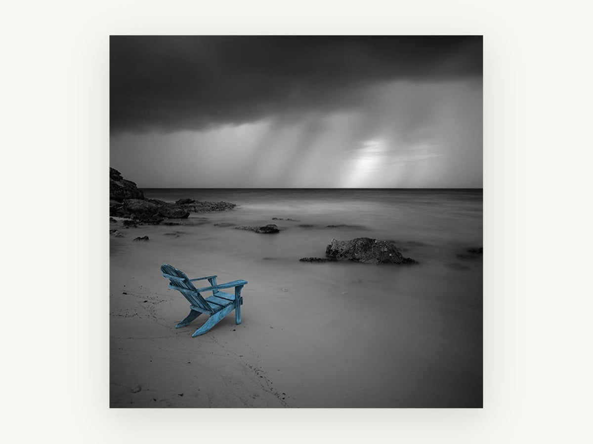 Blue Chair Storm Beach, coastal canvas wall art print, front view