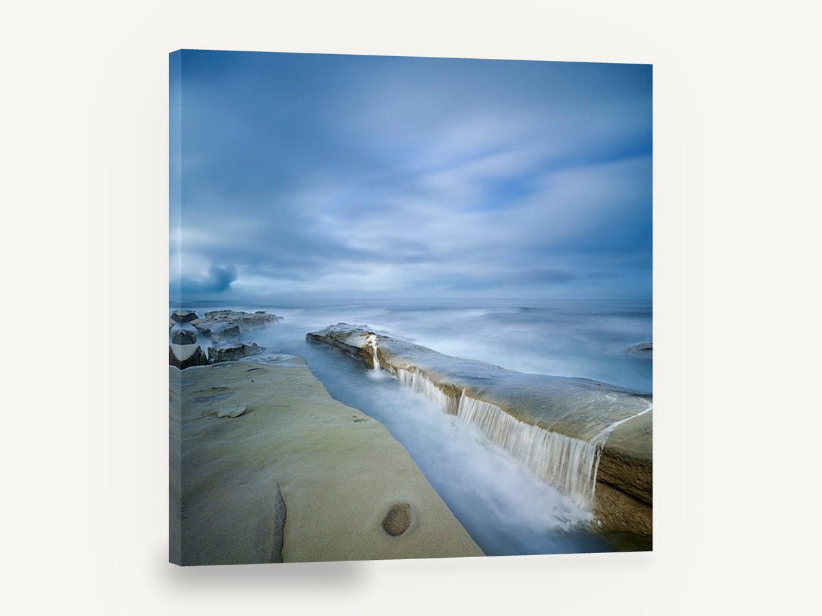 Misty Rock Channel, misty rock ledge seascape photograph, coastal canvas wall art print ready to hang