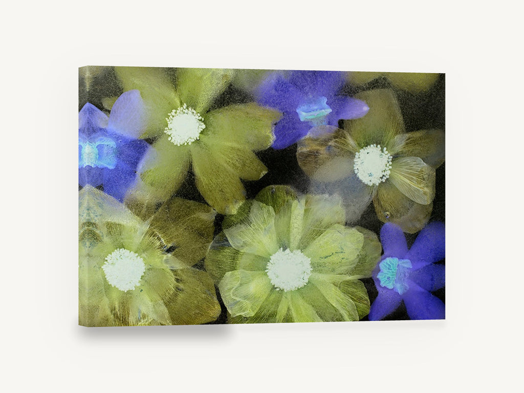 Frozen Garden Blooms, green and blue flowers frozen in ice, floral canvas wall art print ready to hang