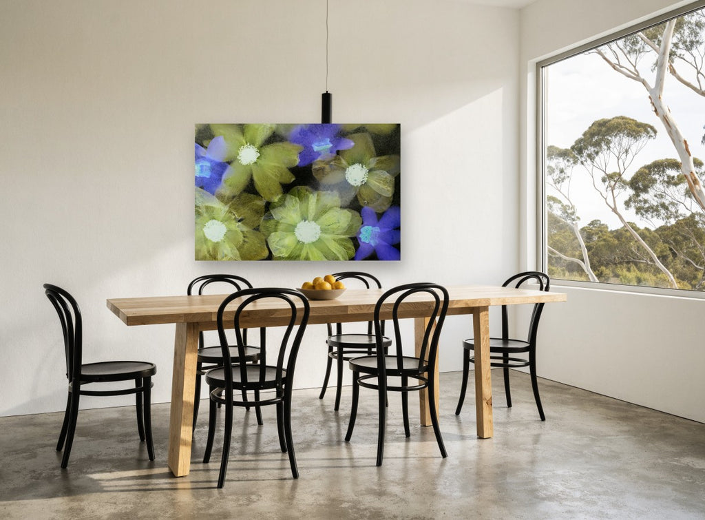 Frozen Garden Blooms floral canvas print on the wall of a dining room