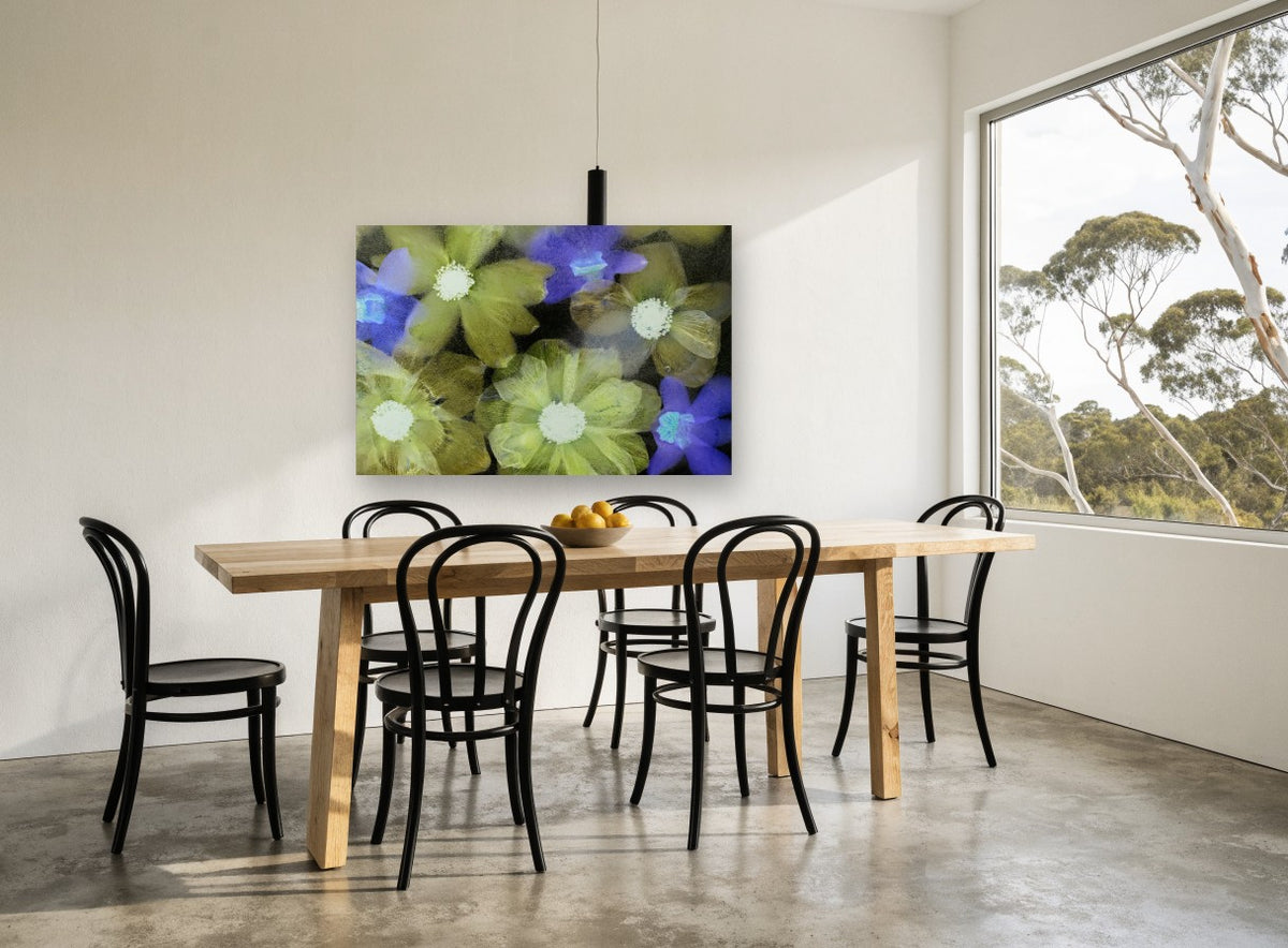 Frozen Garden Blooms floral canvas print on the wall of a dining room