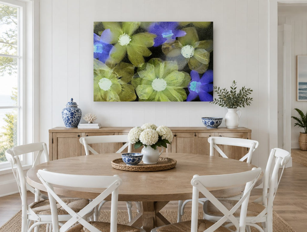 Frozen Garden Blooms floral canvas print on the wall of a Hamptons dining room