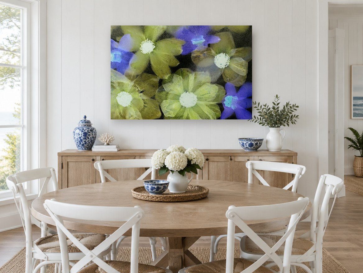 Frozen Garden Blooms floral canvas print on the wall of a Hamptons dining room
