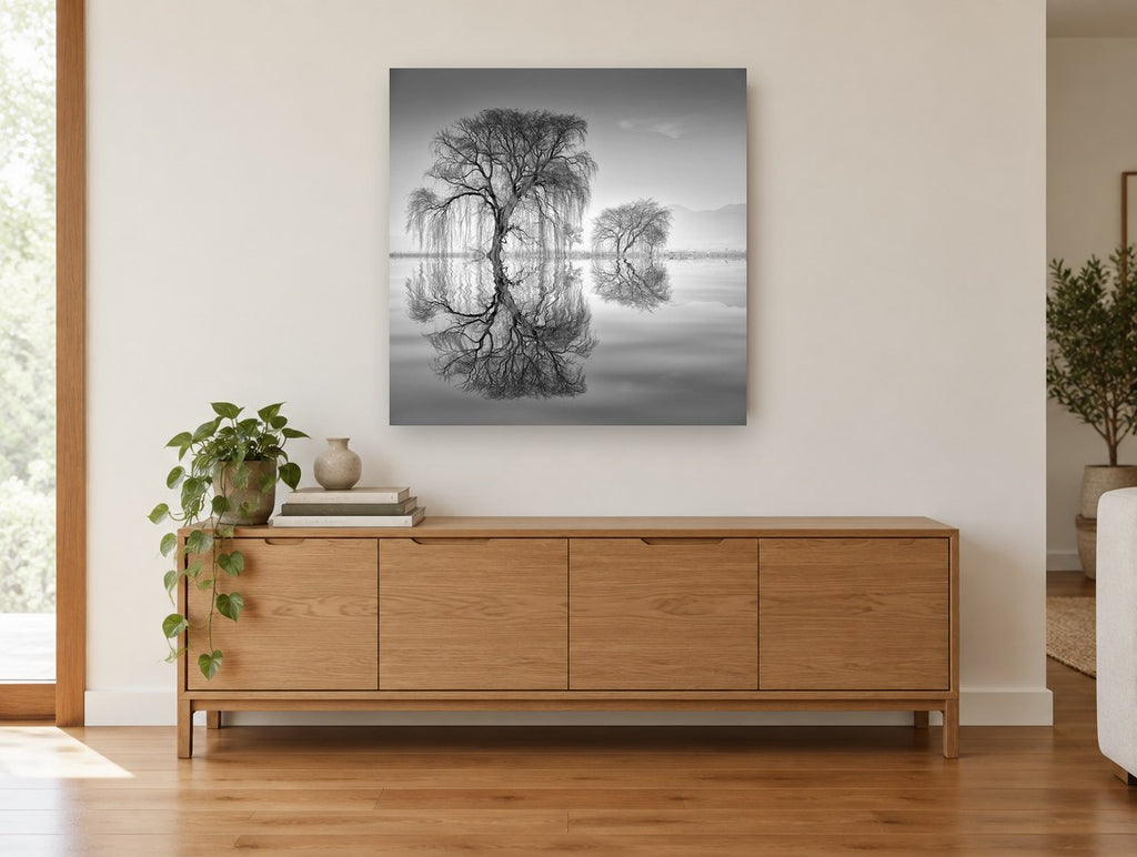 Willow Mirror landscape canvas print on the wall of a living room above a sideboard