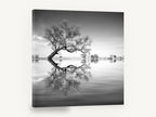 Leaning Tree Mirror, black and white tree reflection photograph, landscape canvas wall art print ready to hang