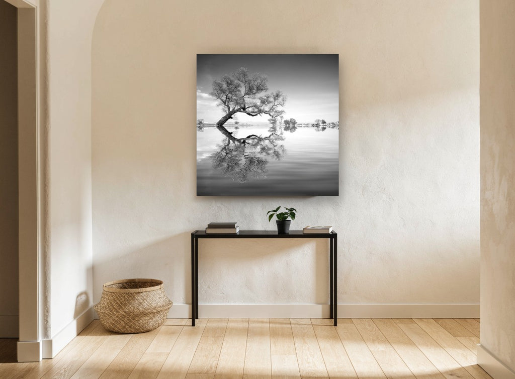 Leaning Tree Mirror landscape canvas print on the wall of a hallway