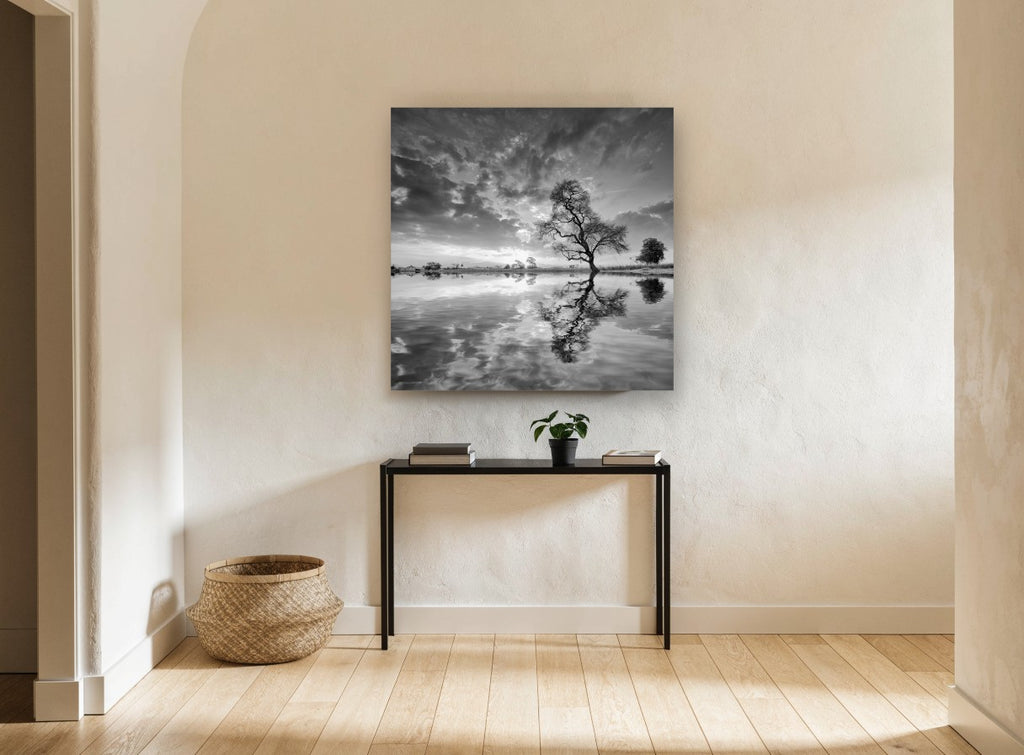 Lone Tree Mirrored landscape canvas print on the wall of a hallway