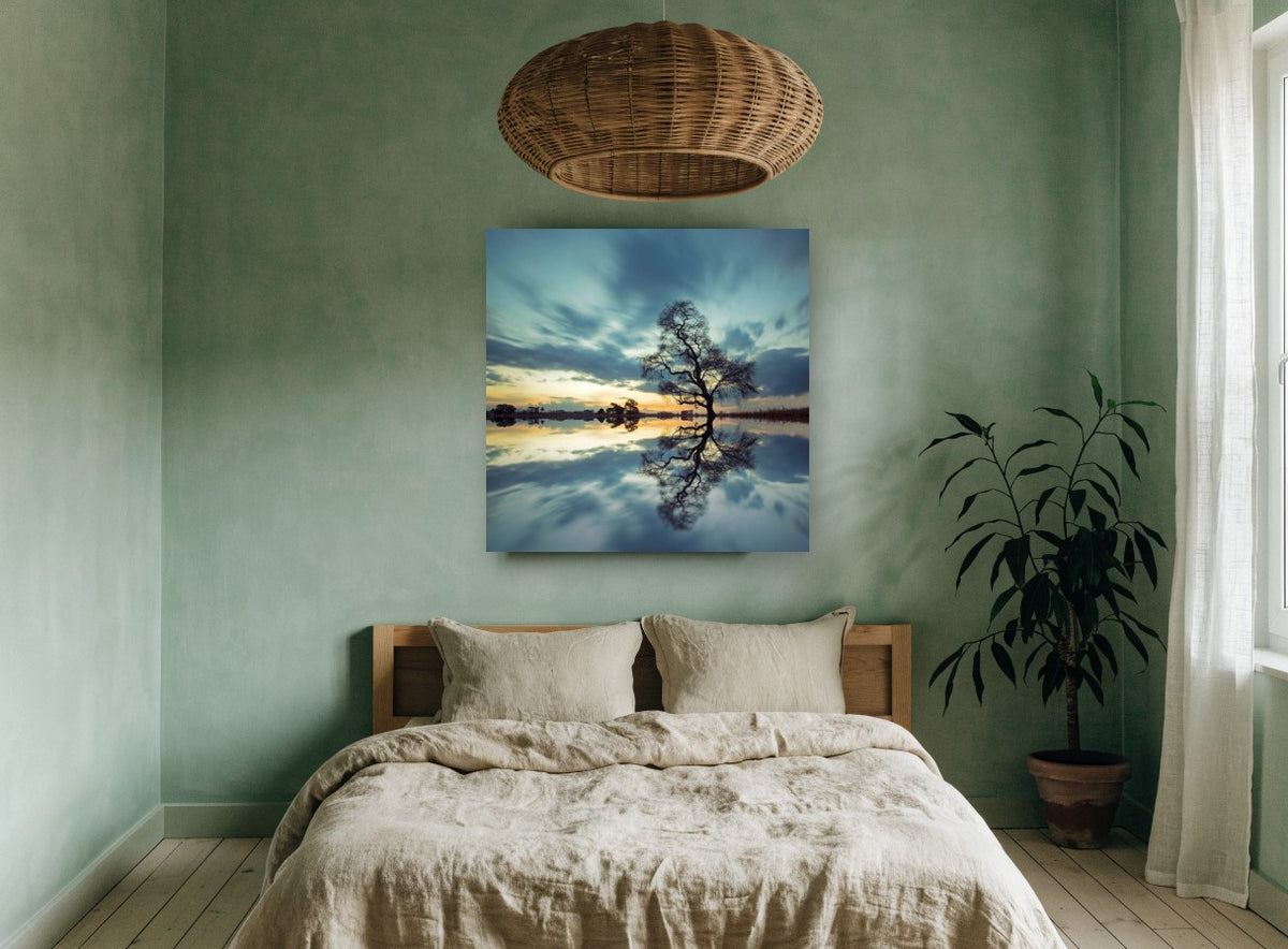 Teal Willow Stillness landscape canvas print on the wall of a bedroom