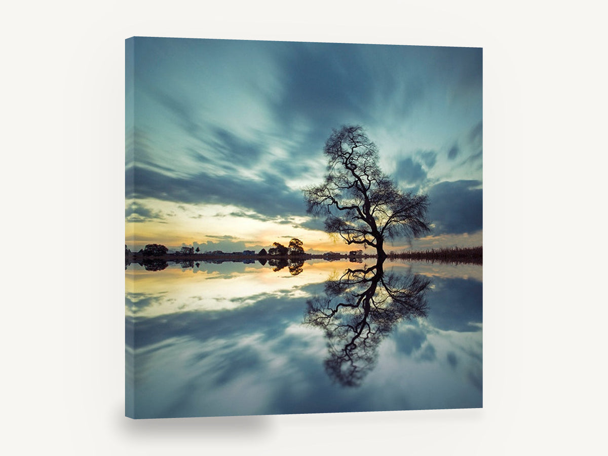 Teal Willow Stillness, lone tree lake reflection photograph, landscape canvas wall art print ready to hang