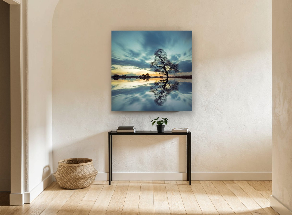 Teal Willow Stillness landscape canvas print on the wall of a hallway