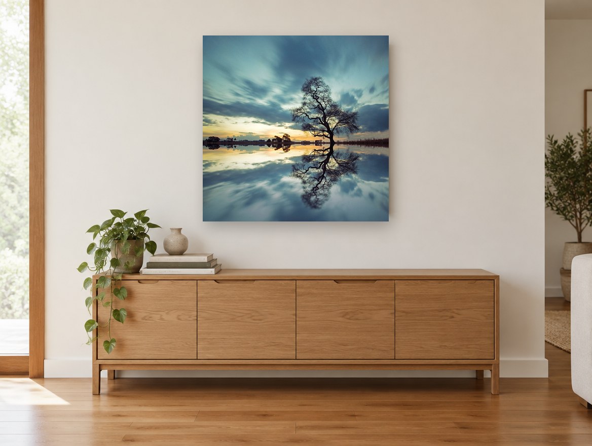 Teal Willow Stillness landscape canvas print on the wall of a living room above a sideboard