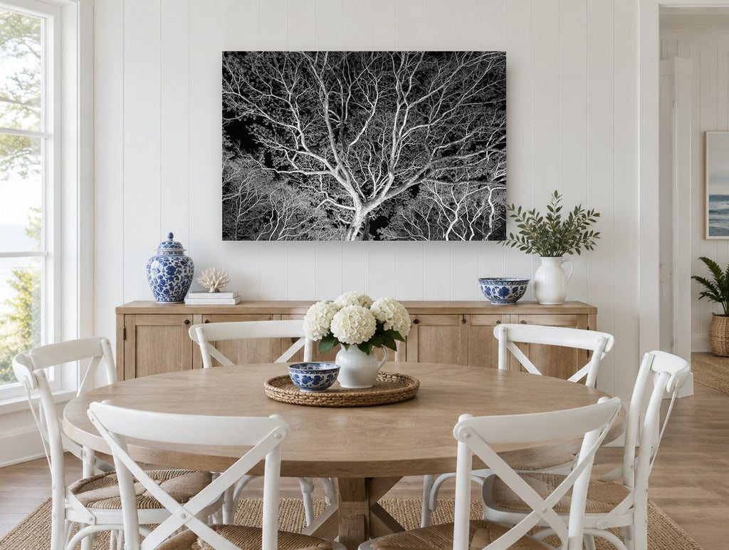 Silver Branch Canopy floral canvas print on the wall of a Hamptons dining room