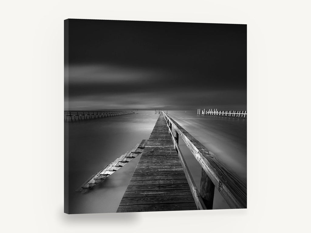 Silent Jetty Noir, wooden jetty black and white photograph, coastal canvas wall art print ready to hang