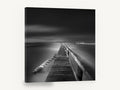 Silent Jetty Noir, wooden jetty black and white photograph, coastal canvas wall art print ready to hang