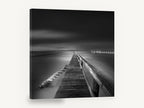 Silent Jetty Noir, wooden jetty black and white photograph, coastal canvas wall art print ready to hang