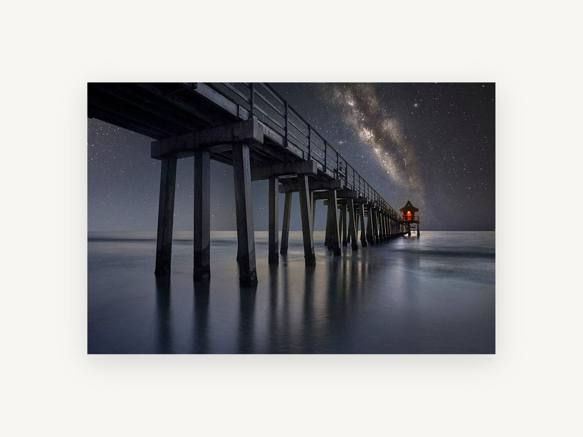 Pier Under the Milky Way, night pier milky way seascape photograph, landscape canvas wall art print, front view