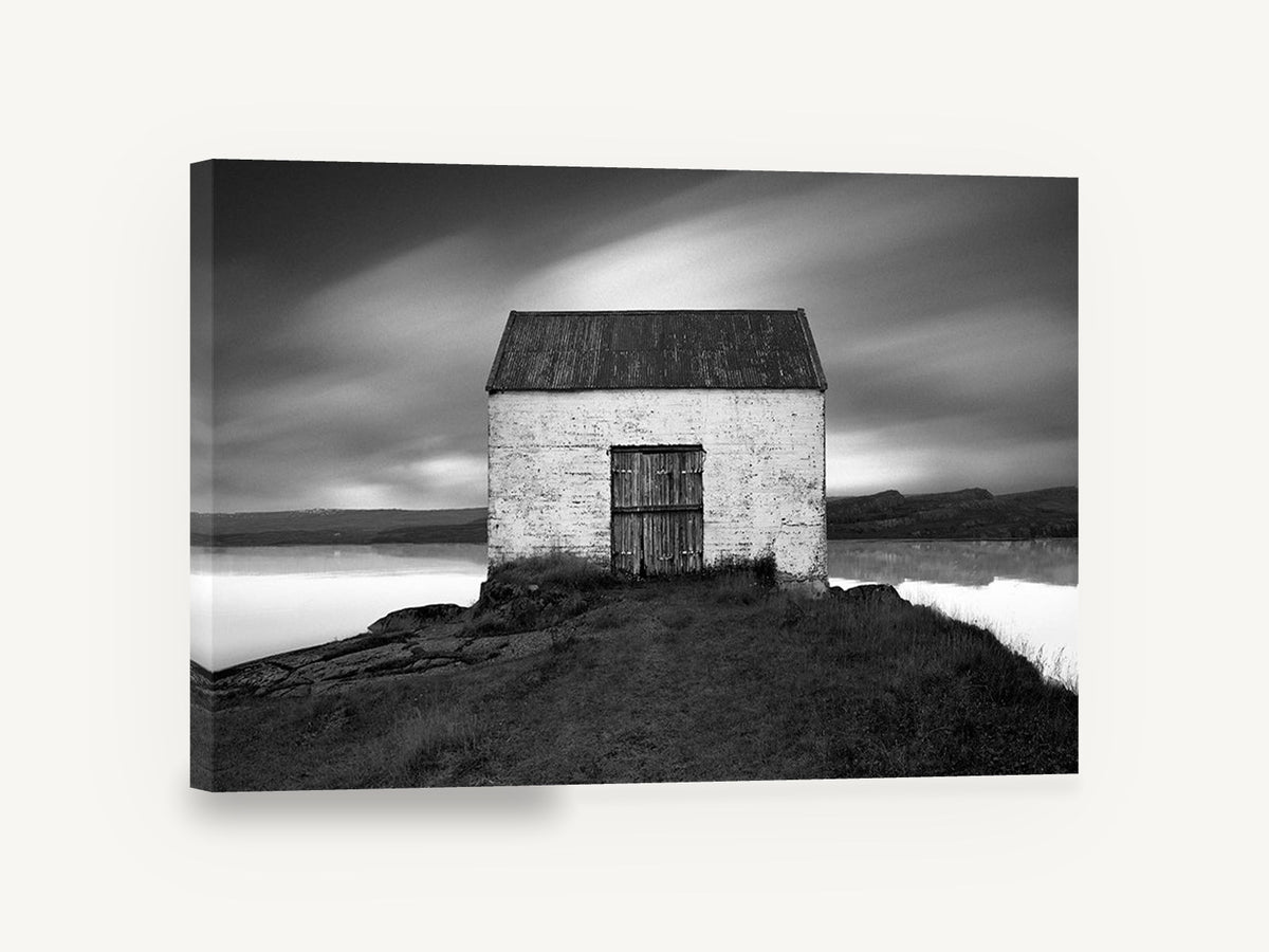Lone Shed Stillwater, black and white shed lake photograph, landscape canvas wall art print ready to hang