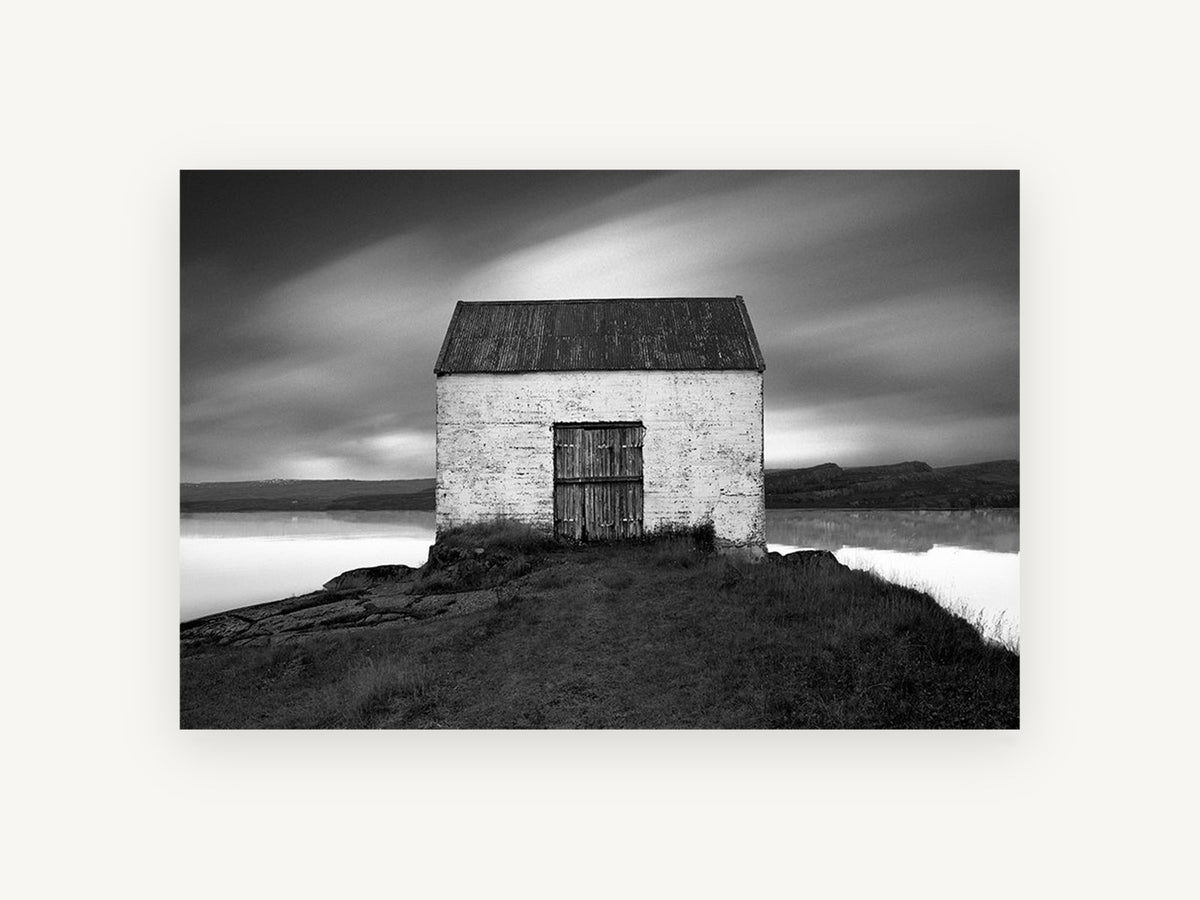 Lone Shed Stillwater, black and white shed lake photograph, landscape canvas wall art print, front view