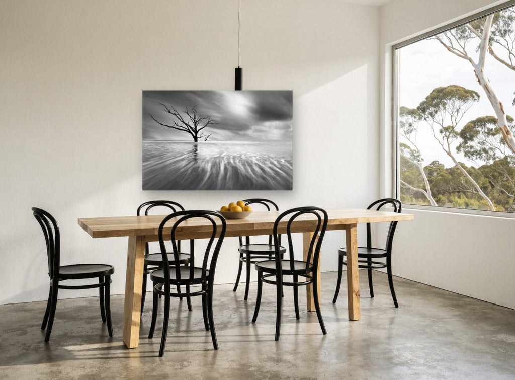 Bare Tree Tidal Flow landscape canvas print on the wall of a dining room