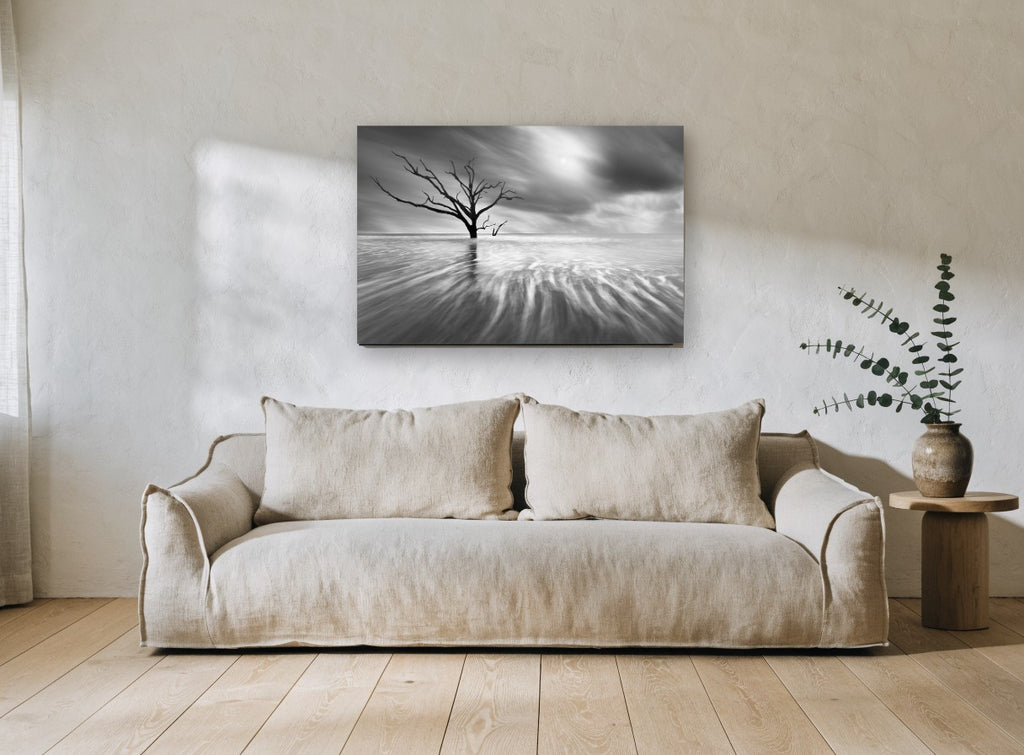 Bare Tree Tidal Flow landscape canvas print on the wall of a living room